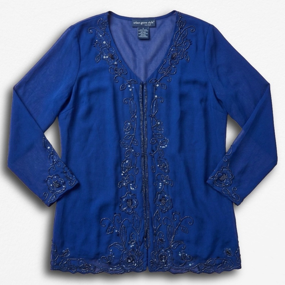 Susan Graver Style Royal Blue Beaded Sequin Sheer Cardigan Top‎ Womens Large